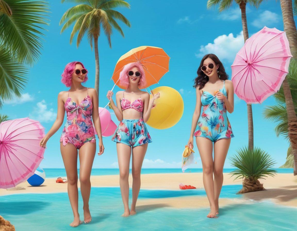 A vibrant tropical beach scene showcasing a diverse group of fashionably dressed individuals wearing adorable kawaii swimwear and beachwear. Include colorful umbrellas, flip-flops, and beach balls, with a backdrop of palm trees and clear blue skies. Emphasize playful patterns and bright pastel colors to evoke a fun, flirty summer vibe. super-realistic. vibrant colors. tropical theme.